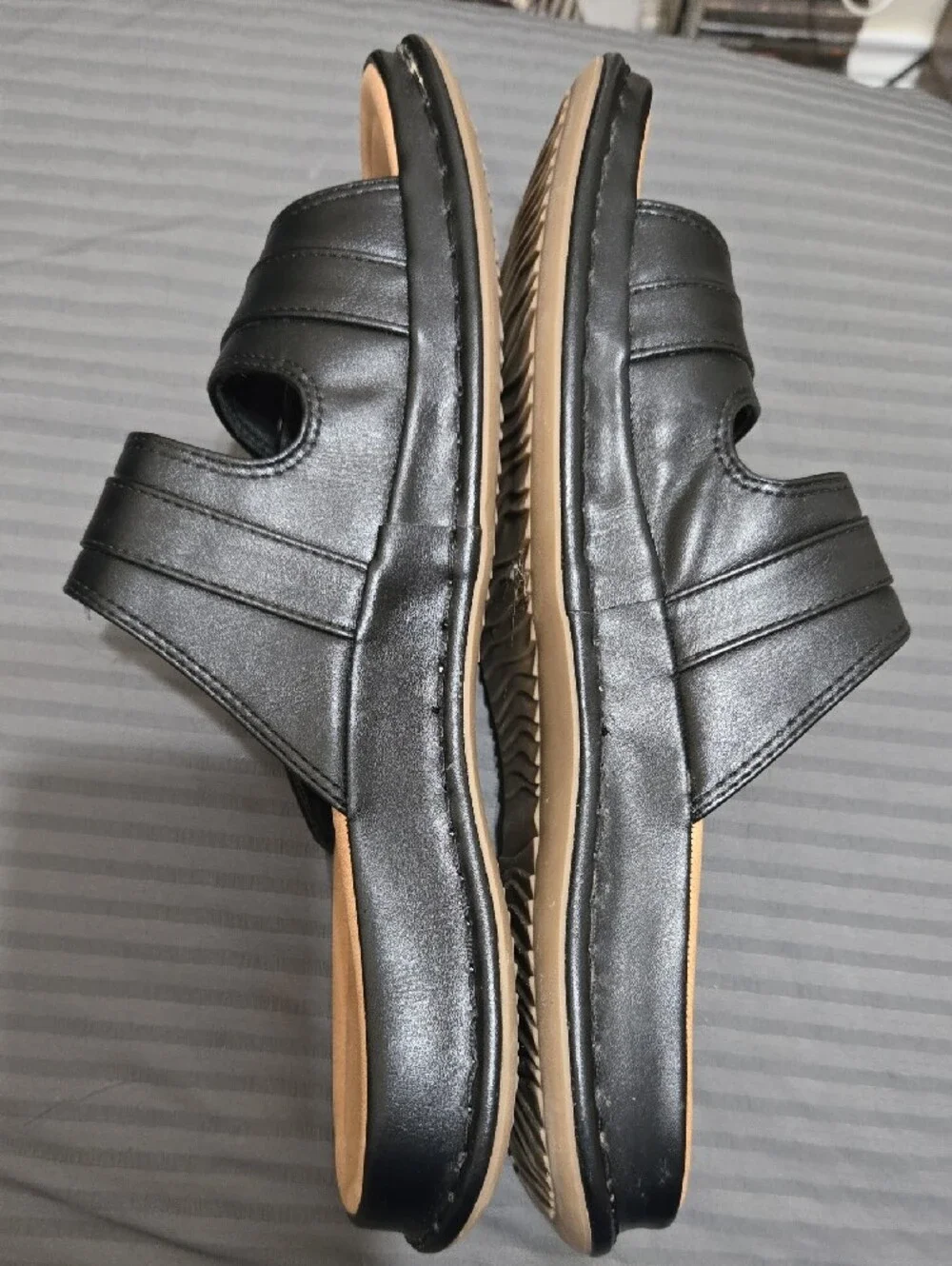 Black Double-Strap Slide Sandals with Cushioned Tan Footbed